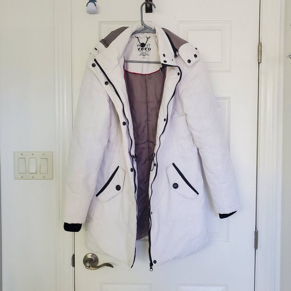 Point Zero White Winter Coat Medium | Cinch Waist Puffer Jacket with Hood